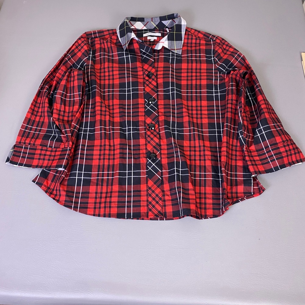 Foxcroft NYC Button Down Shirt 24W Red Plaid Wrinkle Free Shaped  3/4 Sleeve New